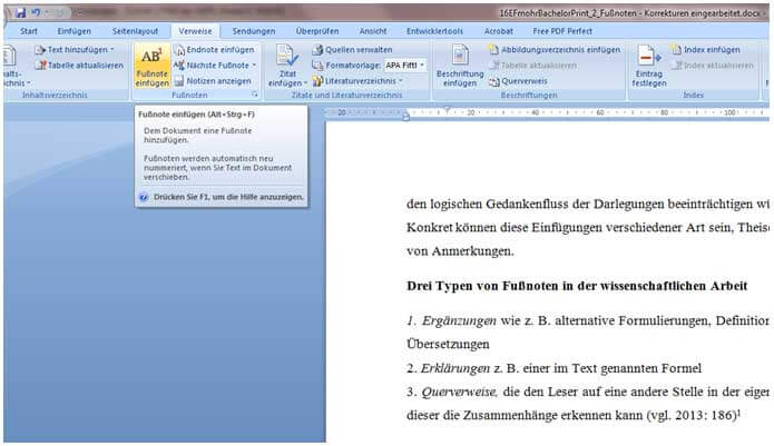 Fußnoten setzen in Word für Facharbeit und Hausarbeit: Schritt 2