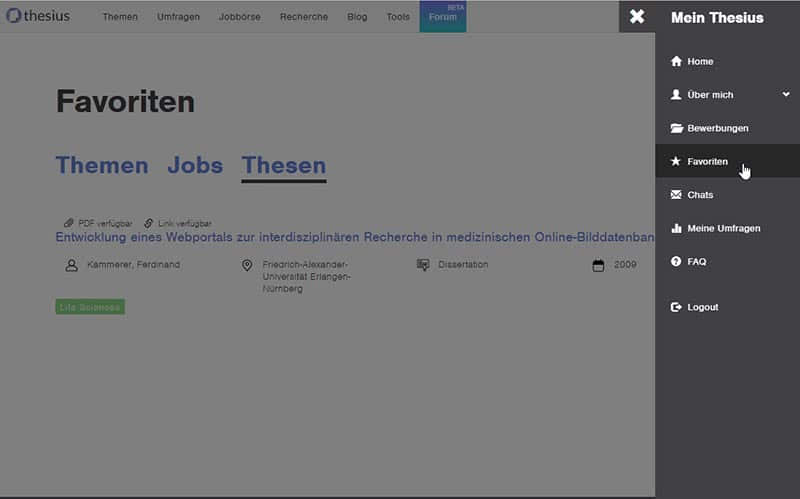 Favoriten bei der Thesius Recherche-Datenbank
