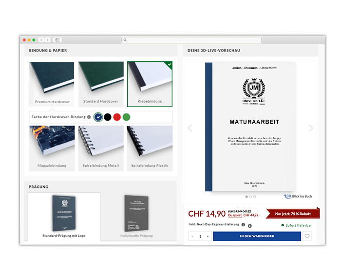Maturaarbeit drucken binden online 3D-Live-Vorschau BachelorPrint