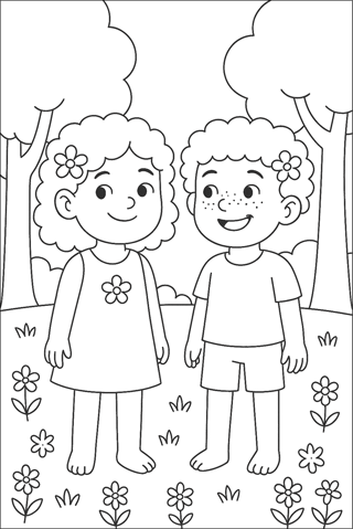 Ausmalbilder Blume mit Kindern-1